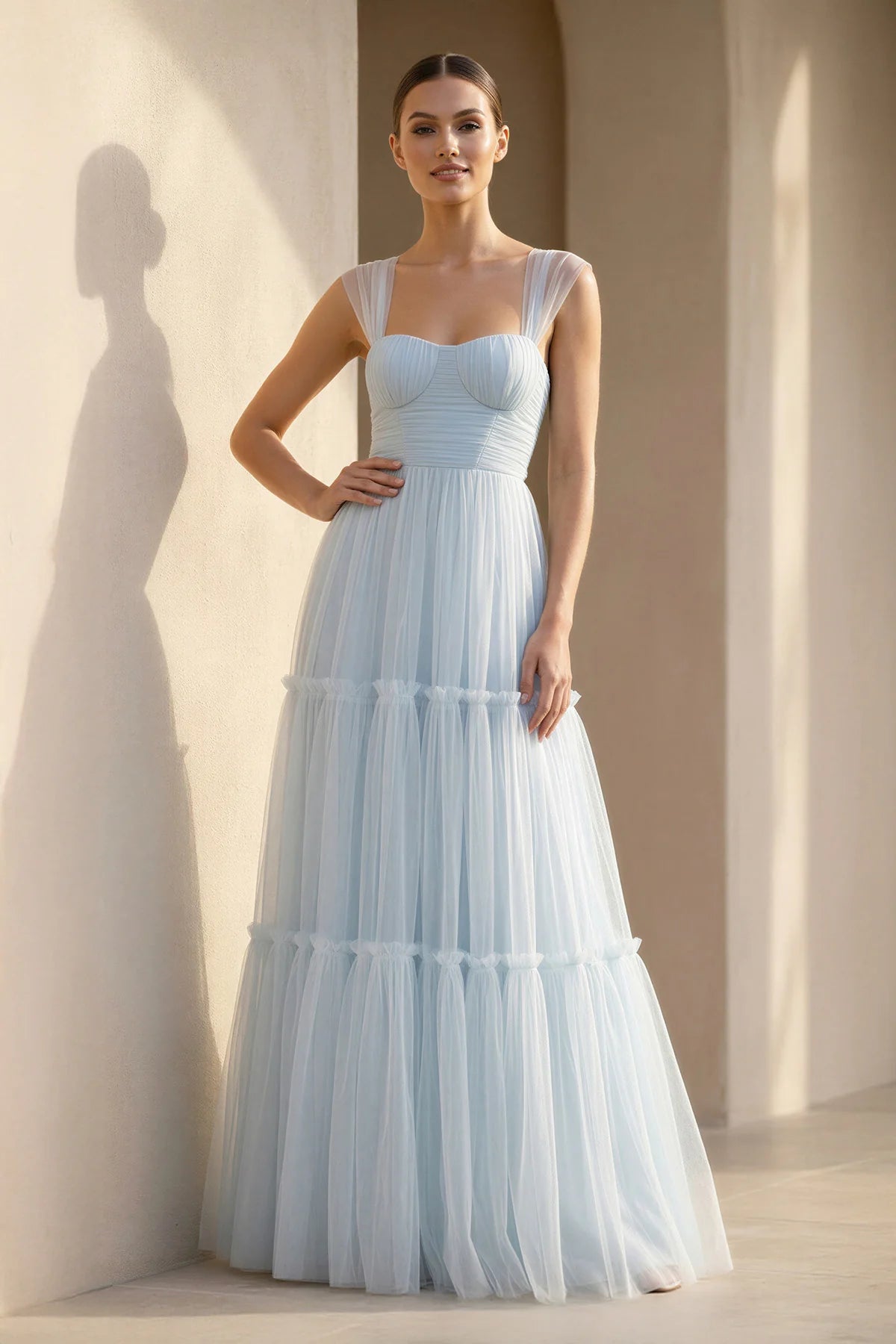 Sweetheart Neck Tiered Tulle Floor Length Formal Evening Gown With Back Bow For Wedding Guest Homecoming Prom Dress