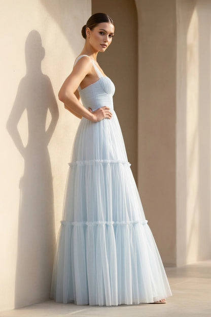 Sweetheart Neck Tiered Tulle Floor Length Formal Evening Gown With Back Bow For Wedding Guest Homecoming Prom Dress