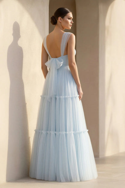Sweetheart Neck Tiered Tulle Floor Length Formal Evening Gown With Back Bow For Wedding Guest Homecoming Prom Dress