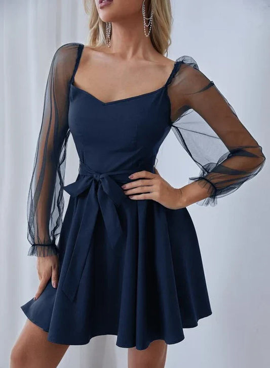 Sweetheart Neckline Tulle Long-Sleeve Mini Prom Dress