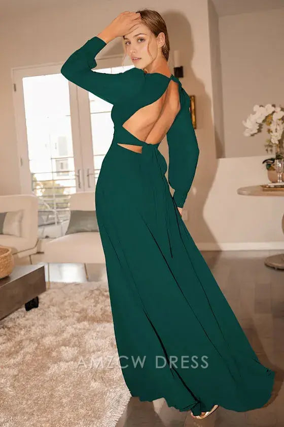 Vestido largo elegante Amzcw con mangas largas, espalda descubierta y color verde cazador. Vestidos formales. 