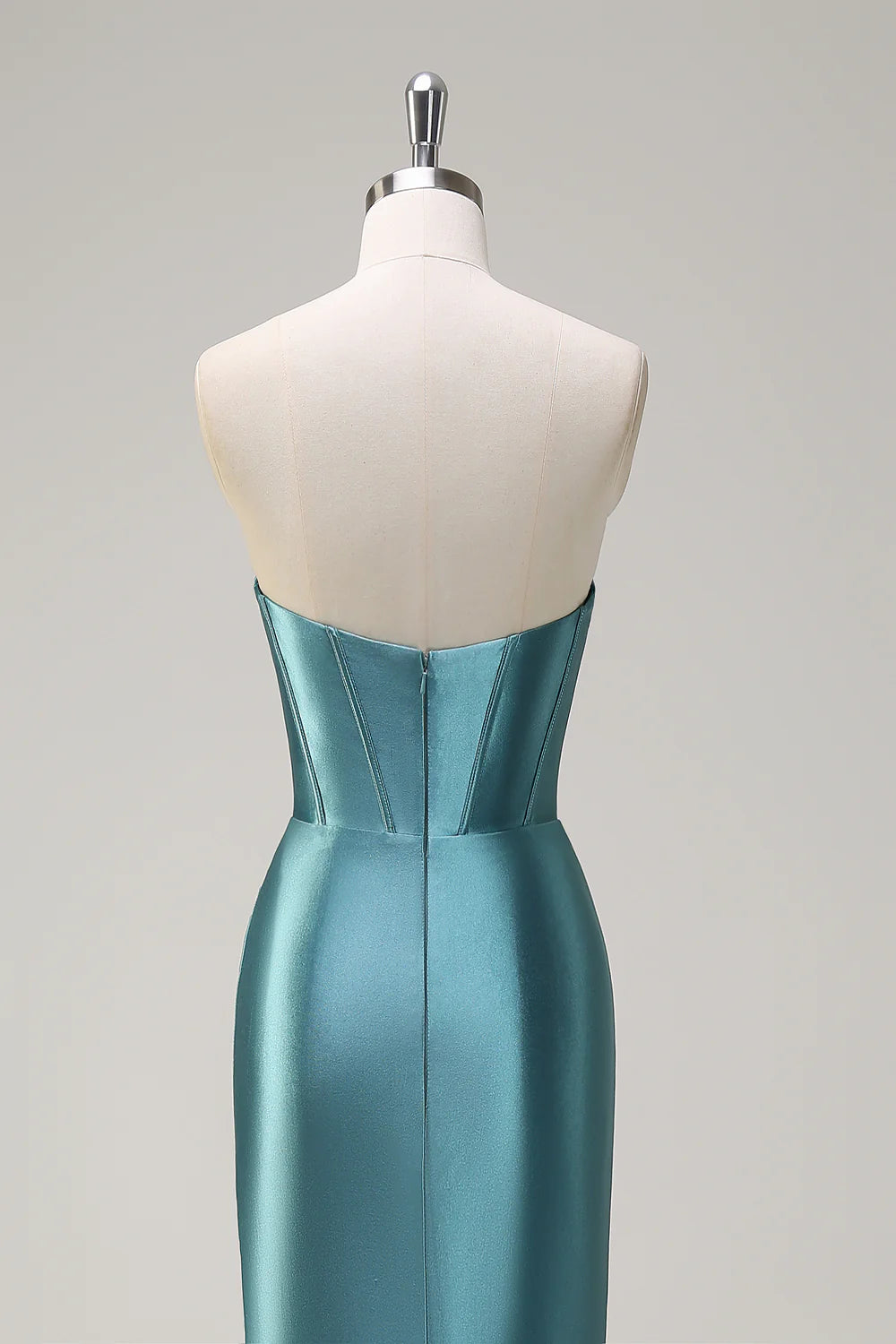 Teal Satin Strapless Beaded Corset Mermaid Prom Dress with Slit and Train