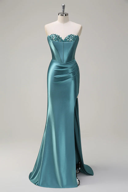 Teal Satin Strapless Beaded Corset Mermaid Prom Dress with Slit and Train