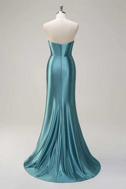 Teal Satin Strapless Beaded Corset Mermaid Prom Dress with Slit and Train