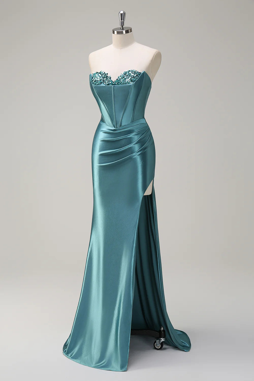 Teal Satin Strapless Beaded Corset Mermaid Prom Dress with Slit and Train