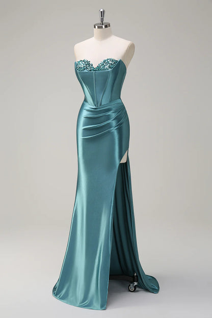 Teal Satin Strapless Beaded Corset Mermaid Prom Dress with Slit and Train