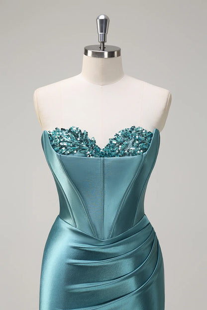 Teal Satin Strapless Beaded Corset Mermaid Prom Dress with Slit and Train