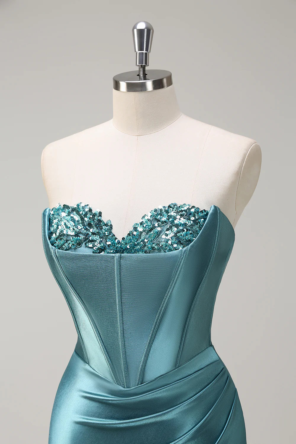Teal Satin Strapless Beaded Corset Mermaid Prom Dress with Slit and Train