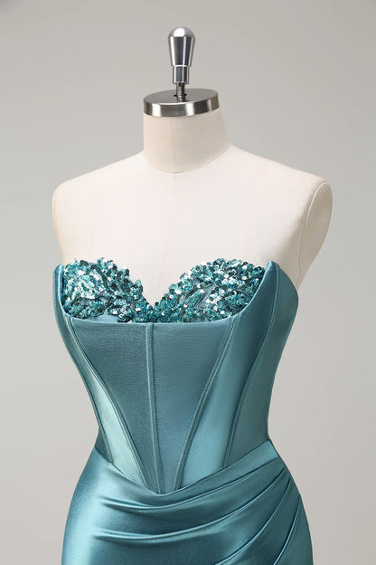 Teal Satin Strapless Beaded Corset Mermaid Prom Dress with Slit and Train