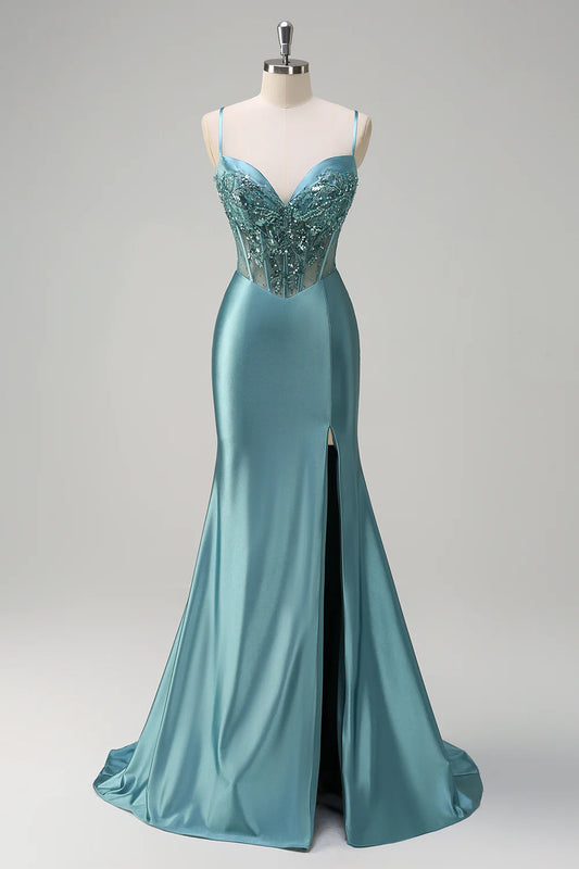 Teal Spaghetti Strap Prom Dress with Sheer Sequin Beaded Corset Bodice, Satin Mermaid Skirt and High Slit