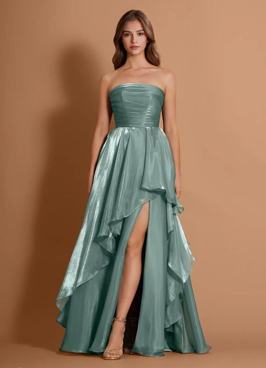 Teal Strapless Prom Dress with Corset Lace Up Back and Tiered Skirt for Formal Events and Evening Occasions