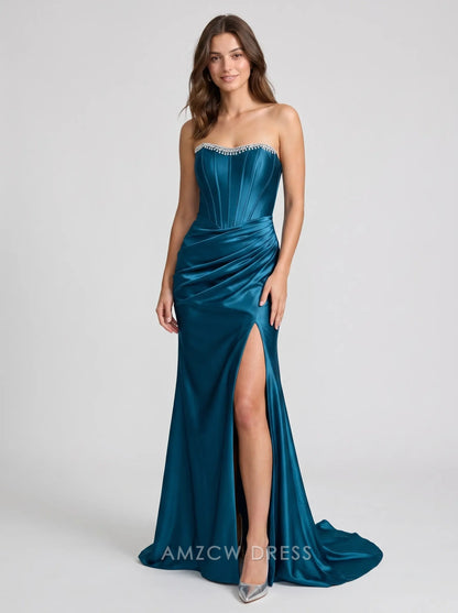 Teal Strapless Sweetheart Beaded Neckline Corset Lace-Up Back Satin Mermaid Formal Evening Prom Dress With Slit