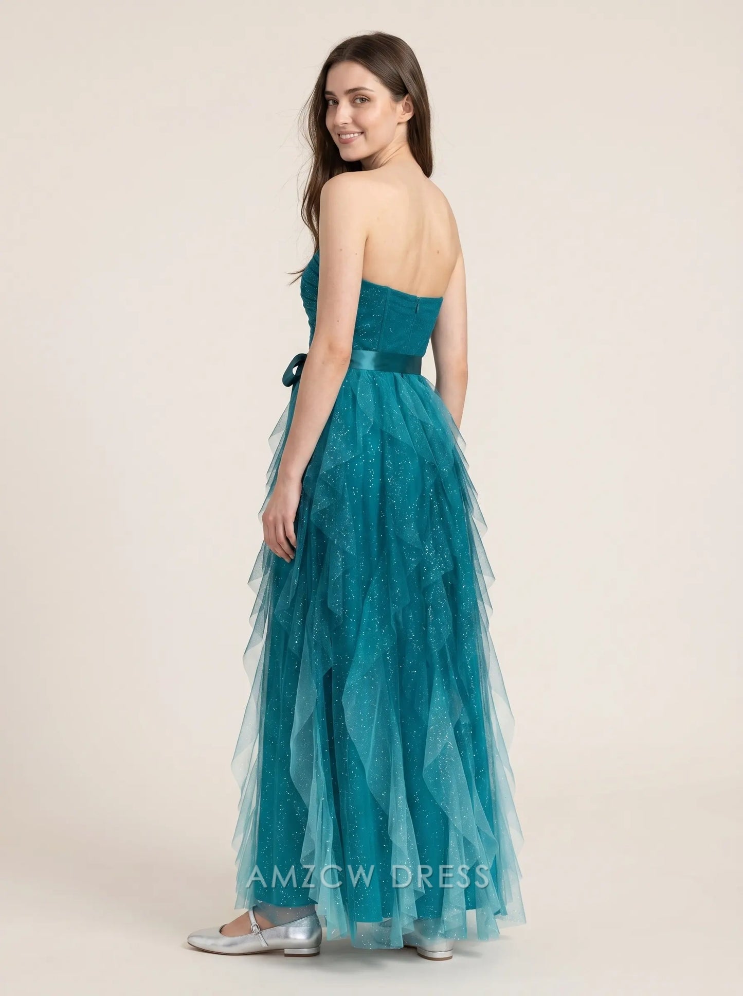 Teal Strapless Sweetheart Neck Keyhole Cutout Bow Accent Glitter Tulle A Line Floor Length Formal Evening Prom Dress