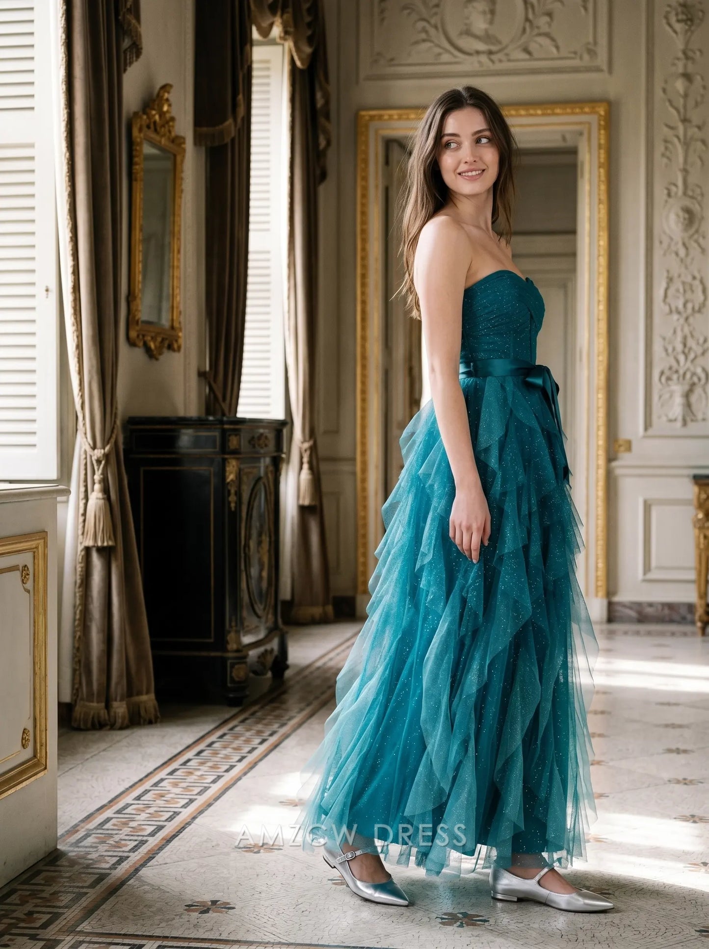 Teal Strapless Sweetheart Neck Keyhole Cutout Bow Accent Glitter Tulle A Line Floor Length Formal Evening Prom Dress