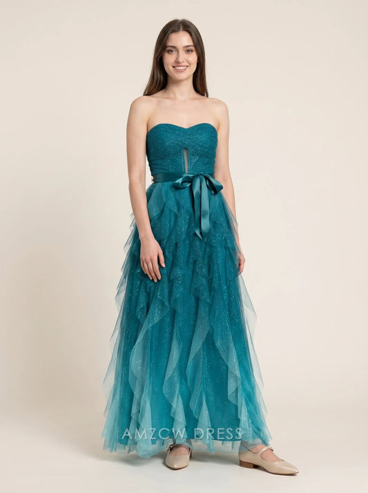 Teal Strapless Sweetheart Neck Keyhole Cutout Bow Accent Glitter Tulle A Line Floor Length Formal Evening Prom Dress