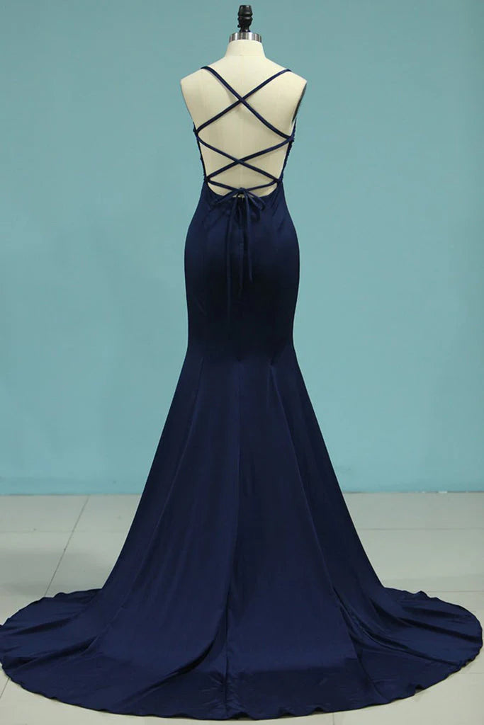 Vestidos de fiesta de sirena sin mangas con tirantes finos, cola larga y apliques de licra 