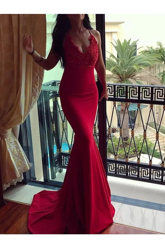Vestidos de fiesta de sirena sin mangas con tirantes finos, cola larga y apliques de licra 