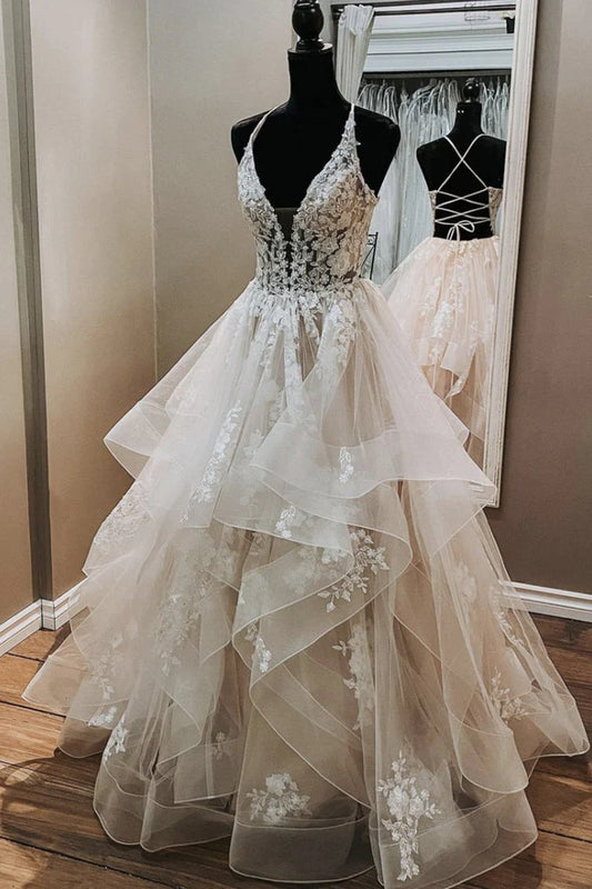 Vestidos de fiesta de tul con tirantes, corte A, largo hasta el suelo con apliques 