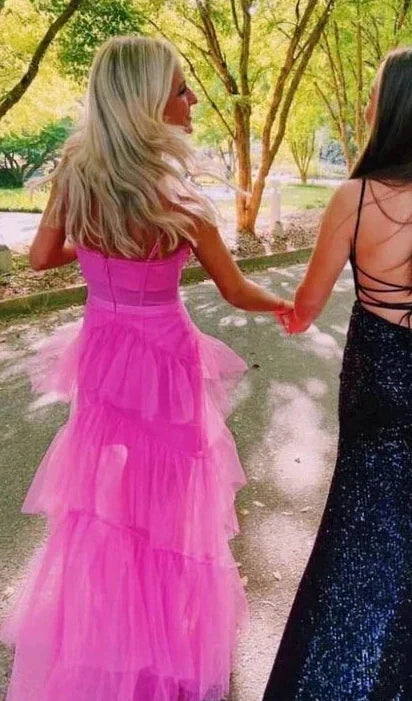 Tulle Spaghetti-Strap Tiered Ruffle A-Line Prom Dress