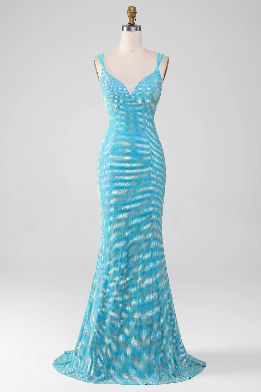 Amzcw Turquoise Mermaid Spaghetti Straps Long Sparkly Prom Dress With Beading