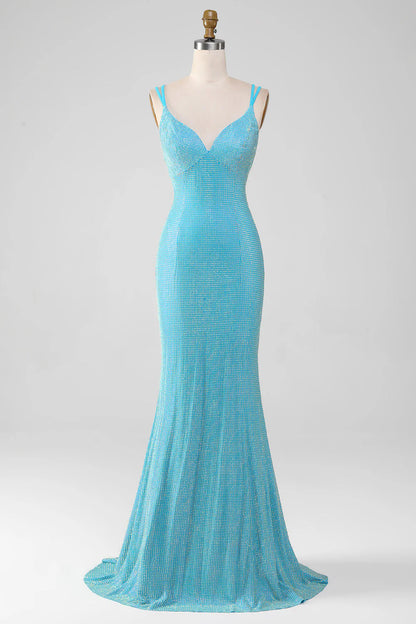 Amzcw Turquoise Mermaid Spaghetti Straps Long Sparkly Prom Dress With Beading