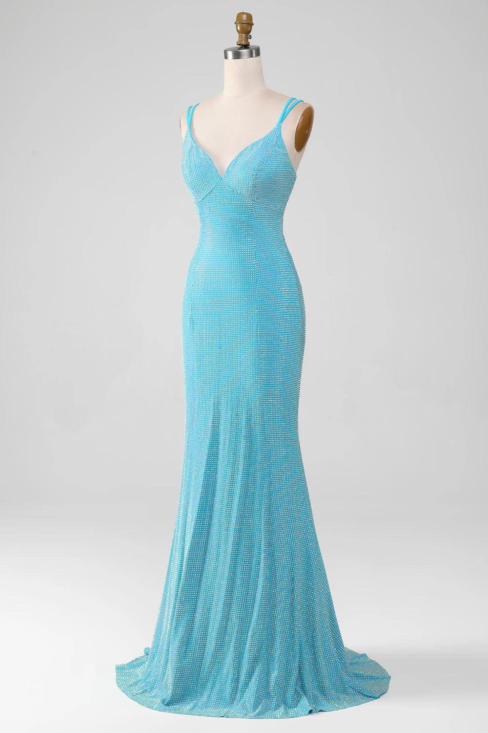 Amzcw Turquoise Mermaid Spaghetti Straps Long Sparkly Prom Dress With Beading prom dresses with long sleeves