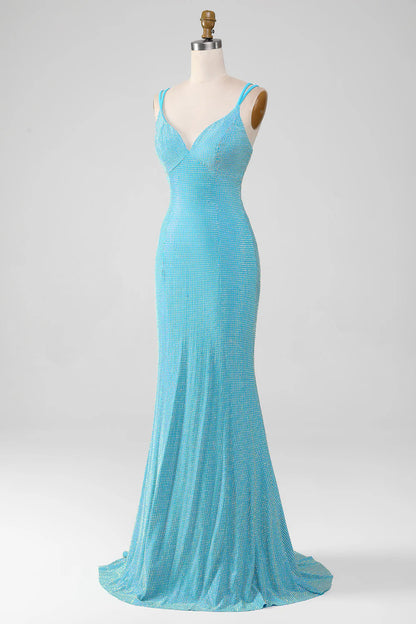 Amzcw Turquoise Mermaid Spaghetti Straps Long Sparkly Prom Dress With Beading prom dresses with long sleeves