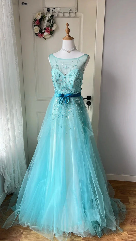 Turquoise Illusion Neck Beaded A-Line Tulle Floor Length Prom Dress