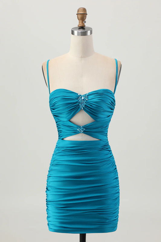 Turquoise Satin Cutout Bodycon Homecoming Dress with Beading and Lace-Up Back