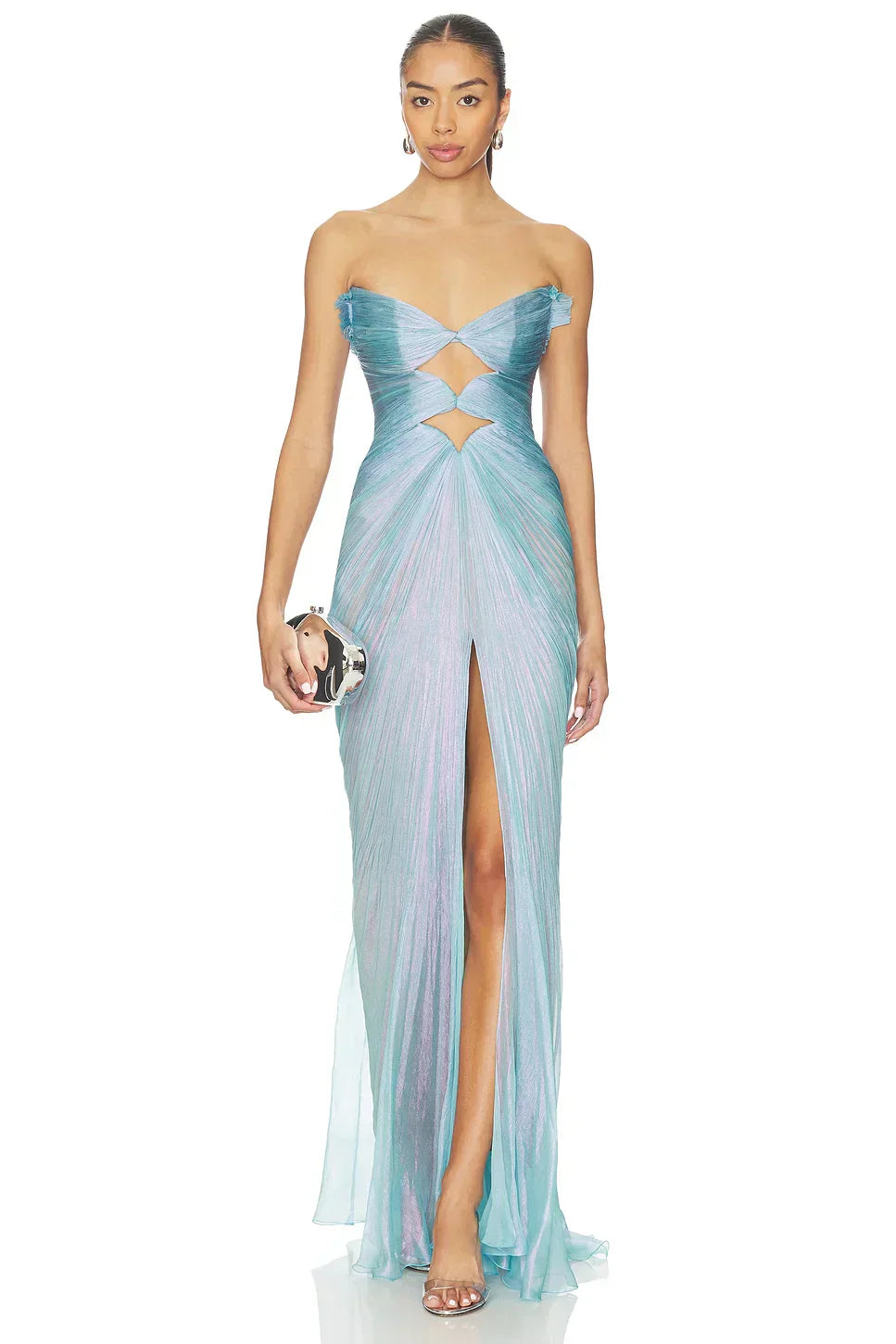 Turquoise Strapless Crisscross Lace-Up Back Cutout High Slit Pleated Formal Evening Prom Dress