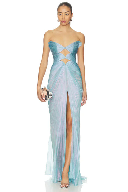 Turquoise Strapless Crisscross Lace-Up Back Cutout High Slit Pleated Formal Evening Prom Dress
