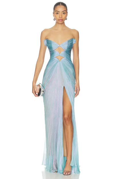 Turquoise Strapless Crisscross Lace-Up Back Cutout High Slit Pleated Formal Evening Prom Dress