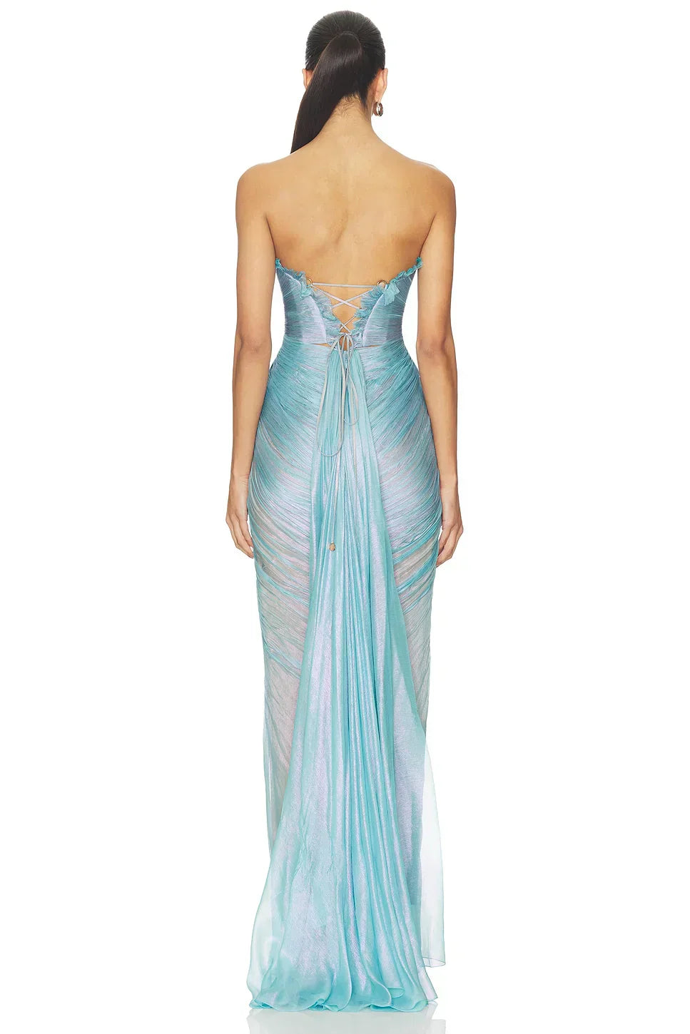 Turquoise Strapless Crisscross Lace-Up Back Cutout High Slit Pleated Formal Evening Prom Dress