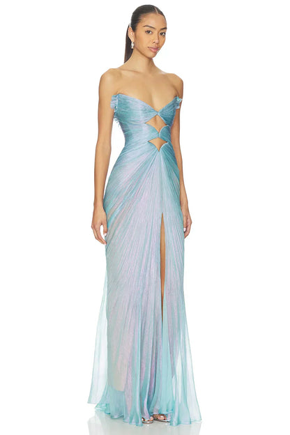 Turquoise Strapless Crisscross Lace-Up Back Cutout High Slit Pleated Formal Evening Prom Dress