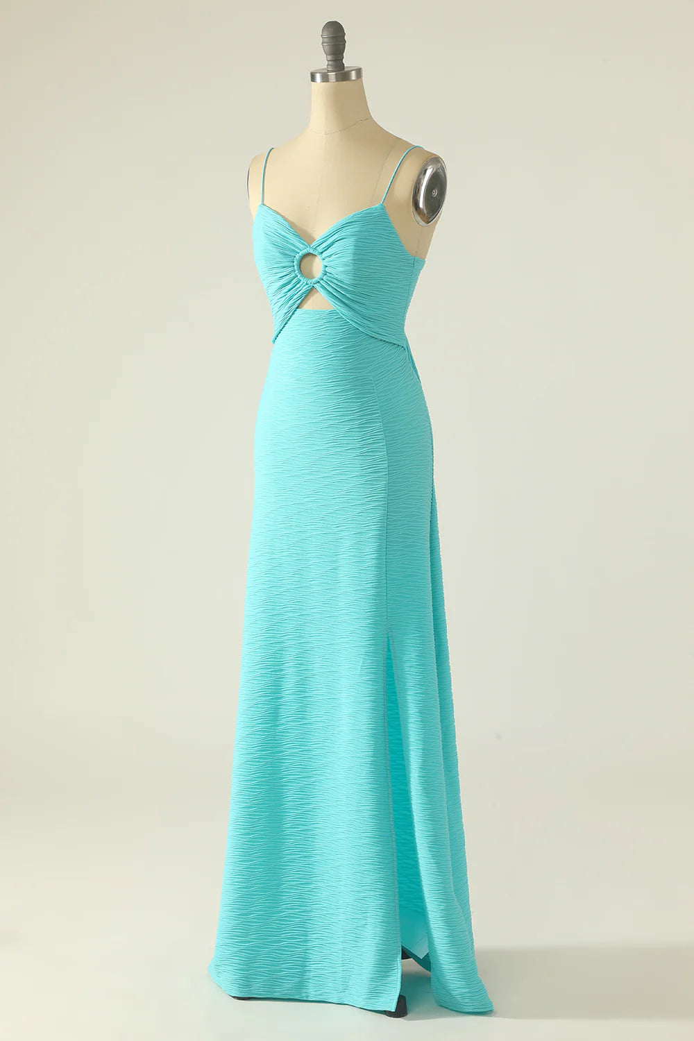 Turquoise Textured Spaghetti Strap Ring Cutout Maxi Prom Dress with Slit