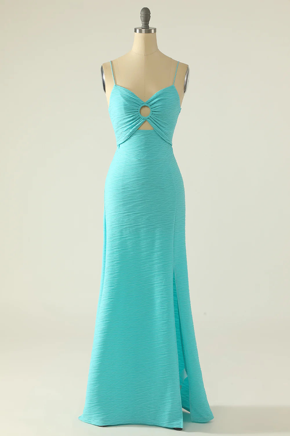 Turquoise Textured Spaghetti Strap Ring Cutout Maxi Prom Dress with Slit