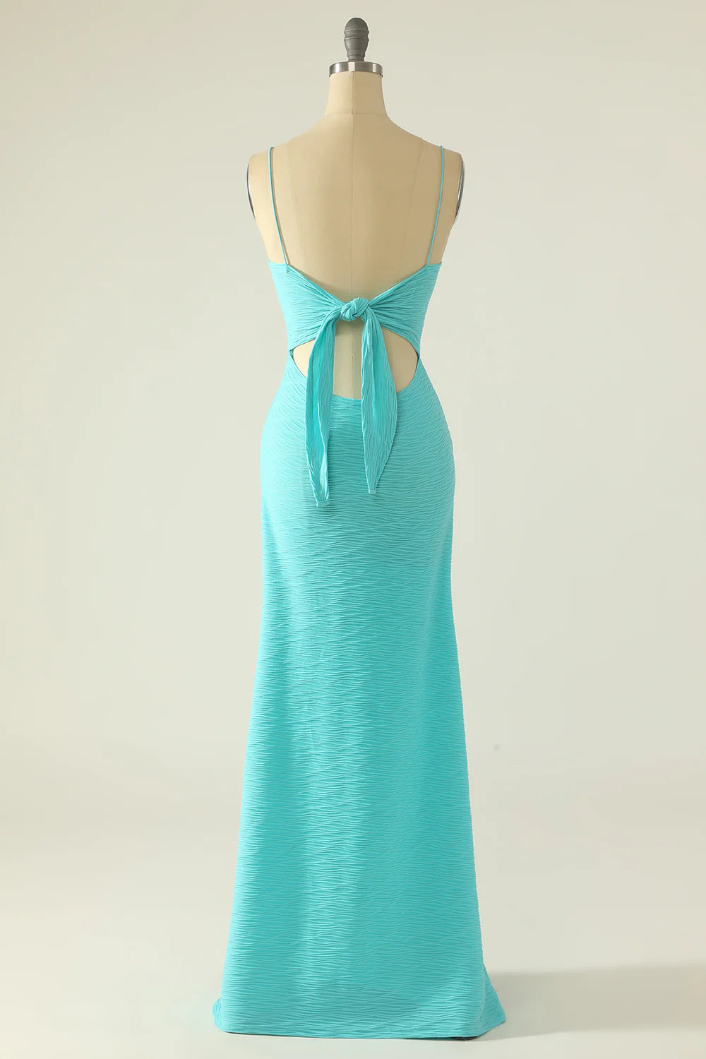 Turquoise Textured Spaghetti Strap Ring Cutout Maxi Prom Dress with Slit