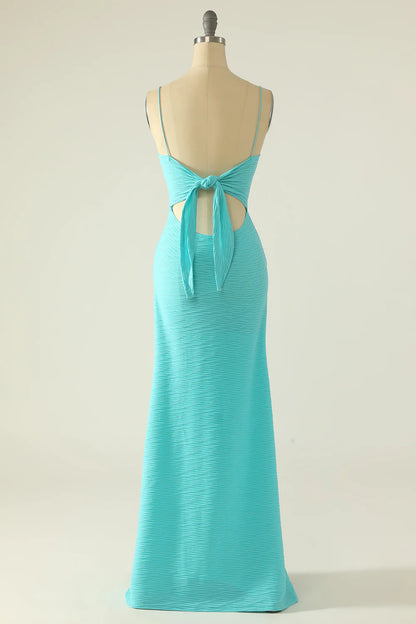 Turquoise Textured Spaghetti Strap Ring Cutout Maxi Prom Dress with Slit