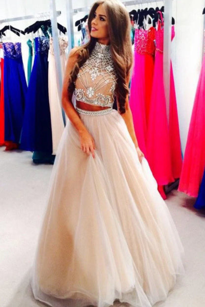 Vestidos de fiesta de dos piezas con cuello alto, corte A, tul y cuentas 
