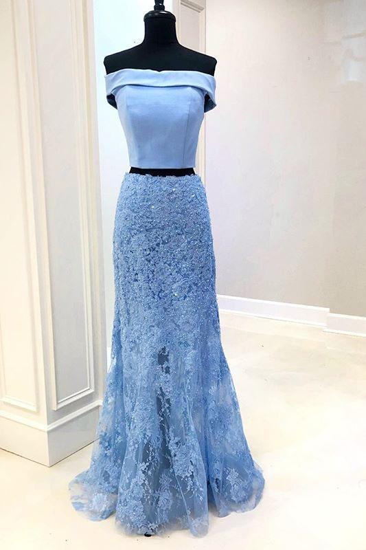Vestidos de fiesta de tul con hombros descubiertos, apliques de encaje de sirena de dos piezas y cuentas
