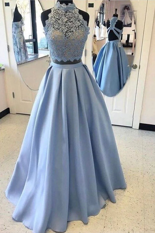 Vestidos de fiesta de dos piezas de satén con apliques, largo hasta el suelo, corpiño de encaje 