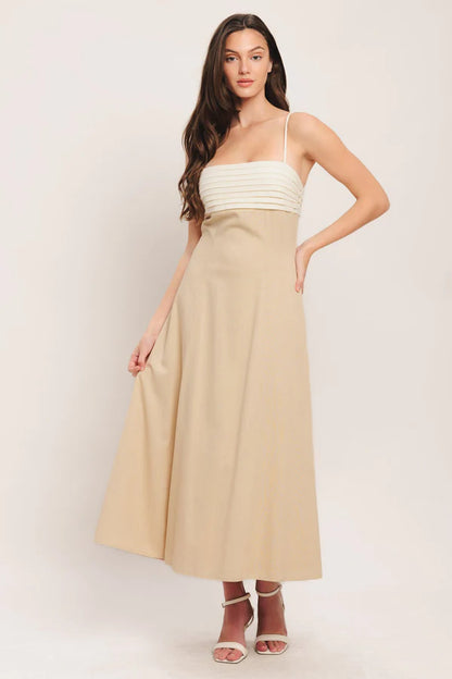 Two Tone White and Beige Spaghetti Strap Pleated A Line Midi Formal Evening Prom Dress