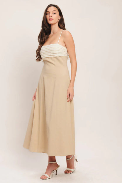 Two Tone White and Beige Spaghetti Strap Pleated A Line Midi Formal Evening Prom Dress