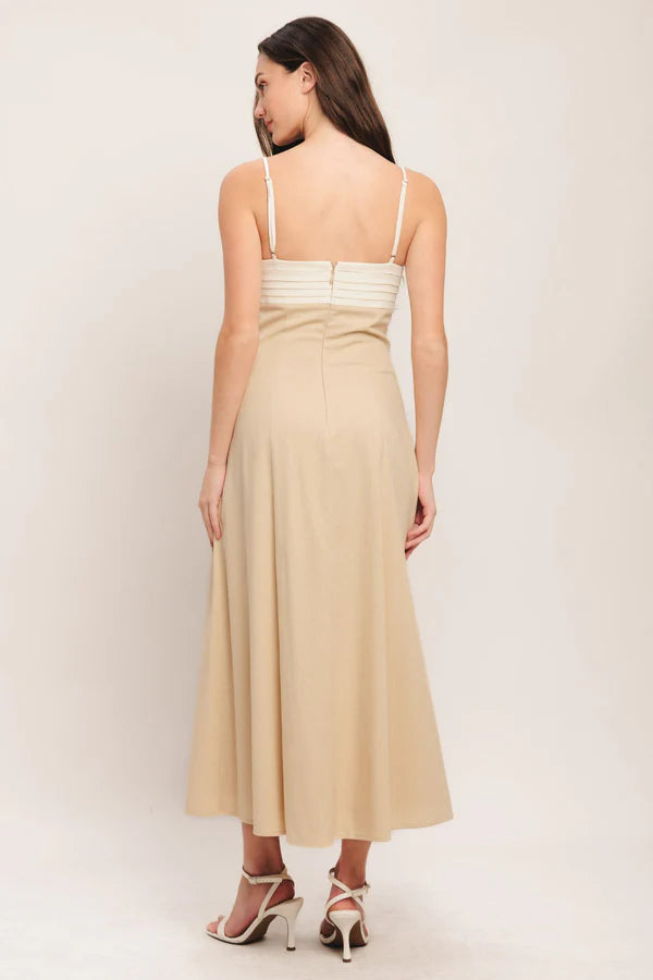 Two Tone White and Beige Spaghetti Strap Pleated A Line Midi Formal Evening Prom Dress
