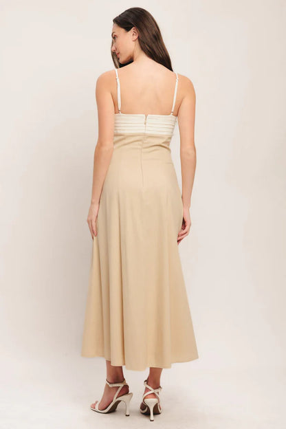 Two Tone White and Beige Spaghetti Strap Pleated A Line Midi Formal Evening Prom Dress