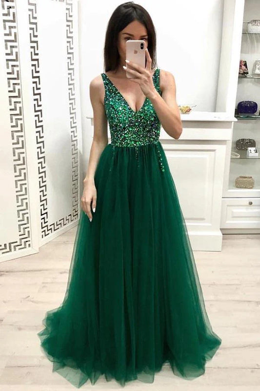 Vestidos de fiesta únicos de corte A con escote en V y cuentas, vestidos de noche largos de tul verde