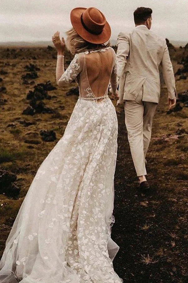 Vestido de novia con escote en V, corte A, mangas largas y espalda abierta 