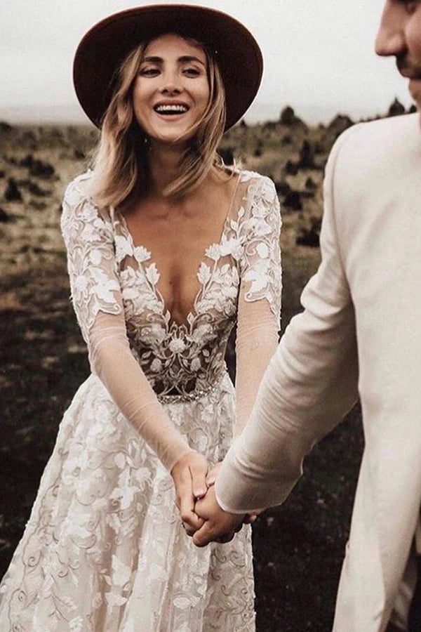Vestido de novia con escote en V, corte A, mangas largas y espalda abierta 