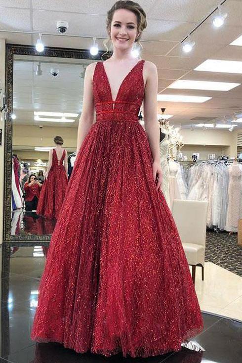 Vestido de fiesta de tul con lentejuelas y escote en V, corte A y espalda descubierta 