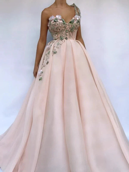 Vestidos de fiesta únicos de un solo hombro en color rosa con apliques y escote corazón, vestidos de noche largos 